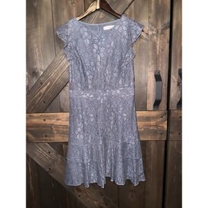 Loft Women's Size 4‎ Dress Blue Lace Lined Knee Length Ruffle Hem Flutter Sleeve